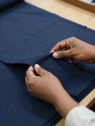 Tight macro shot of hands inspecting raw textile materials in a well-lit Indian facility, natural daylight, sharp focus on texture
