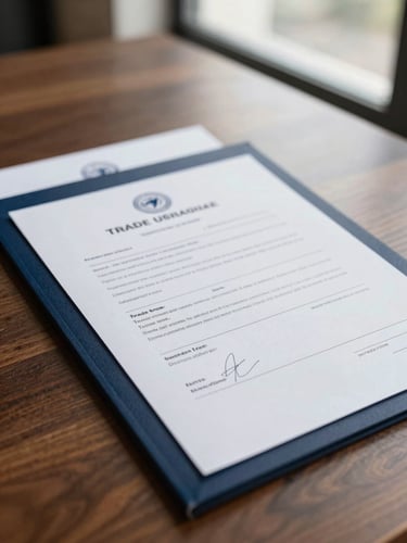 Close-up of signed trade documents on a dark wooden table under natural window light, professional corporate atmosphere, 35mm photography