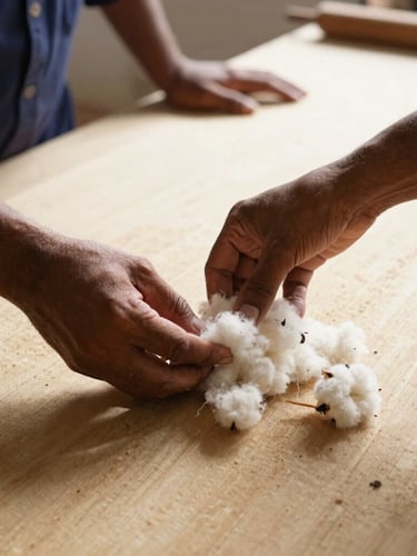 Close-up of hands in a bright, naturally lit Indian textile workshop inspecting raw cotton fibers, high-contrast shadows, warm sand tones, 35mm editorial photography.