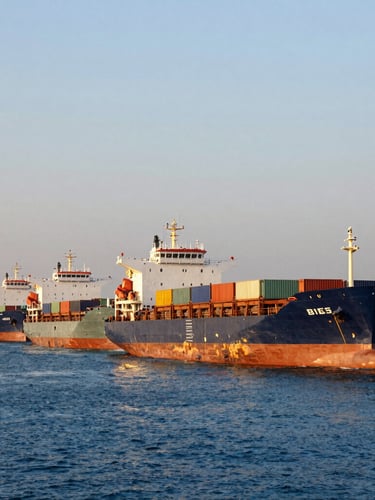 Wide environmental shot of a modern Indian shipping port at golden hour, cargo vessels lined up, warm light reflecting on deep blue water, professional 35mm photography