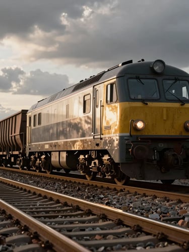 Moody overcast sky over a German railway line, low-angle telephoto shot of a heavy freight train in motion, glinting steel rails