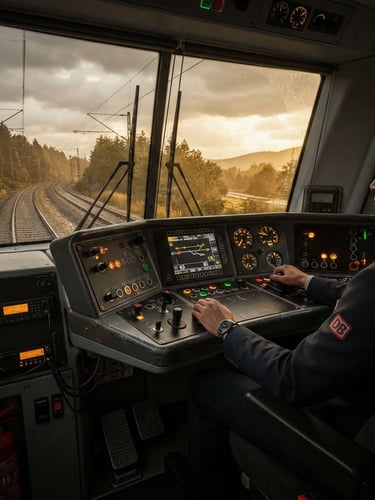 Eye-level interior view of a highly detailed German locomotive cab, glowing dials and screens under moody overcast light, crisp digital 3d render