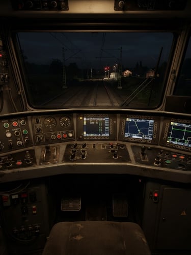 Direct eye-level interior cab view of a German BR 101 locomotive at night, glowing cabin lights, sharp digital 3d render, realistic steel textures
