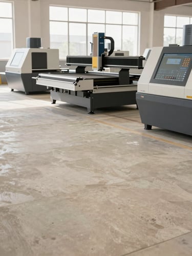 Sharp architectural photograph of a modern furniture manufacturing floor in Kota, Rajasthan, clean sandstone-colored concrete floors, high-tech CNC machines, bright natural daylight streaming through high windows, 35mm