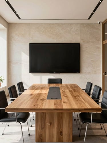 Straight-on architectural elevation of a modern corporate boardroom in Jaipur, featuring a modular oak conference table with clean steel joints, bright natural light, 35mm