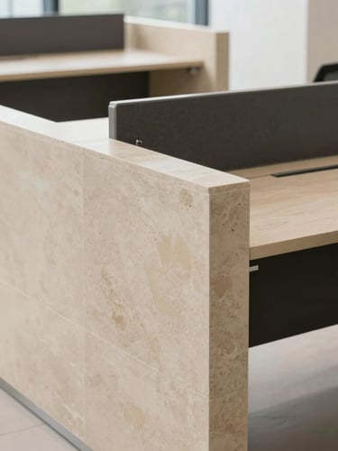 Sharp architectural photograph of a finished commercial office installation, showcasing clean sandstone and charcoal modular desks, high-detail steel joints, bright natural daylight, 35mm