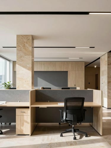 Straight-on architectural shot of a modern corporate office interior featuring clean modular workstations, natural daylight, sandstone accents, 35mm
