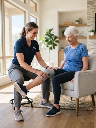 Professional physical therapist guiding a client through a gentle knee movement in a bright, modern living room, natural Arizona sunlight streaming through windows, shallow depth of field, clean crisp tones.