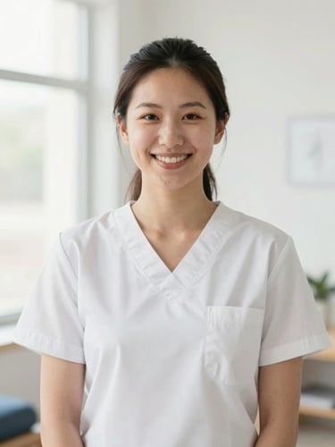 Professional portrait of a friendly, confident physical therapist in a clean, clinical setting, bright natural light, shallow depth of field.