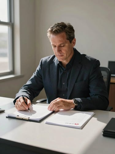 Medium-wide shot of a Texas real estate agent seated at a closing table, hands resting on a stack of transaction documents, pen visible, plain office environment, daylight from a side window casting clean shadows, no staging or lifestyle warmth