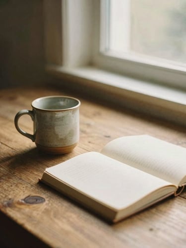 A rustic wooden table in warm golden-hour window light, a single ceramic mug and open linen journal, shallow depth of field, 35mm film.