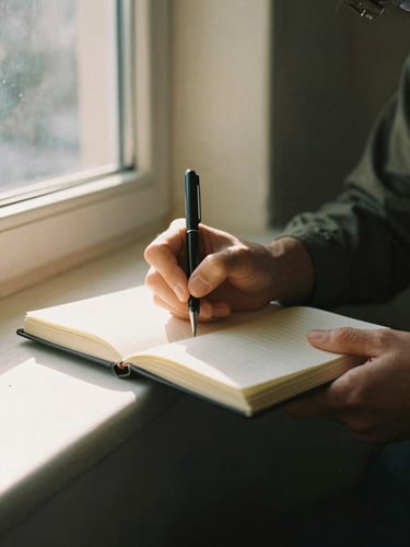 Medium-close shot of a person writing in a journal by a sunlit window, earthy deep olive tones, 35mm film style.