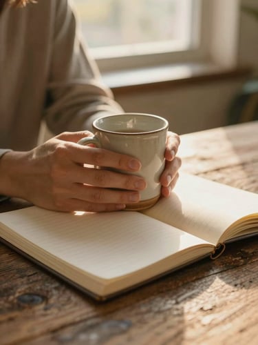 Warm golden-hour light illuminating hands holding a ceramic mug over an open linen-bound notebook on a rustic wooden table, soft focus.