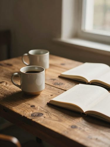 A rustic wooden table with ceramic coffee mugs and open journals, warm golden-hour light streaming through a window, shallow depth of field.