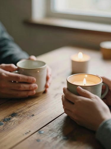 Hands holding warm ceramic mugs over a rustic wooden table, soft candlelight, intimate atmosphere, unposed, 35mm film.