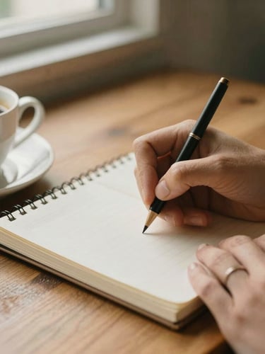Close-up of hands writing in a linen-bound journal on a wooden table next to a warm cup of coffee, soft window daylight, earthy tones, 35mm film