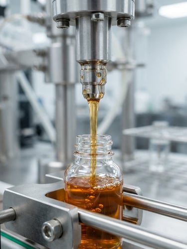 Macro close-up of a stainless steel automated bottling nozzle dispensing a thick amber cosmetic liquid into a clear glass bottle, bright clinical laboratory lighting, sharp focus, 35mm lens
