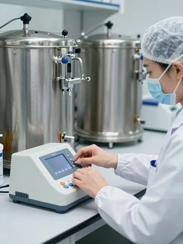 Brightly lit clinical laboratory setting with stainless steel compounding tanks in the background, a technician in clean gear adjusting a digital control panel, sharp focus, 35mm lens