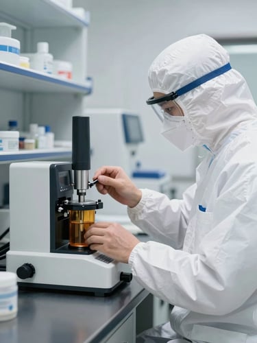 A professional laboratory technician in clean protective gear adjusting a digital viscosity tester in a bright clinical Tulsa lab, stainless steel equipment in background.