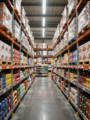 Wide environmental shot from inside a large Philippine grocery warehouse — tall metal shelving units packed floor-to-ceiling with uniform cartons of branded packaged goods, beverage cases, and canned goods, under bright fluorescent warehouse lighting; deep aisle perspective emphasizing scale and order, no people visible