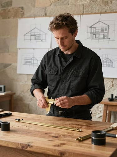 Warm natural daylight illuminating a designer-craftsman in a black work shirt standing by a solid oak workbench, holding a brass caliper, background with architectural sketches pinned to a stone wall.
