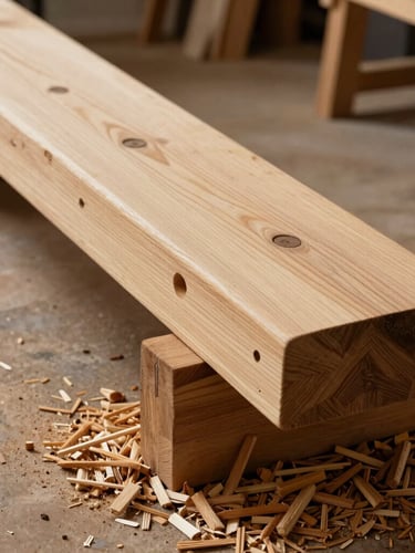 Gros plan sur un assemblage traditionnel à tenon et mortaise dans une poutre de chêne clair, copeaux de bois au sol, atelier d'ébéniste baigné d'une lumière douce.
