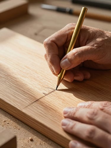 Hands of a craftsman carefully tracing lines on a solid oak board with a brass mechanical pencil, dust particles visible in a warm sunbeam.