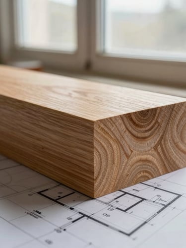 A close-up of a raw oak wood joint resting on a technical architectural floor plan, soft morning light from a workshop window highlighting the wood grain.