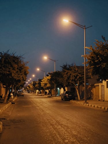 Cinematic wide anamorphic shot of Maadi's tree-lined streets at twilight, warm sodium-vapor streetlights casting long shadows, deep amber and twilight blue tones, 35mm film grain.