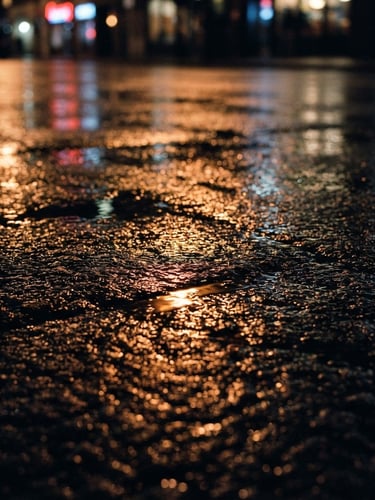 Extreme close-up of a 35mm anamorphic film frame, heavy analog grain, rain-slicked pavement reflecting amber sodium vapor light at night.