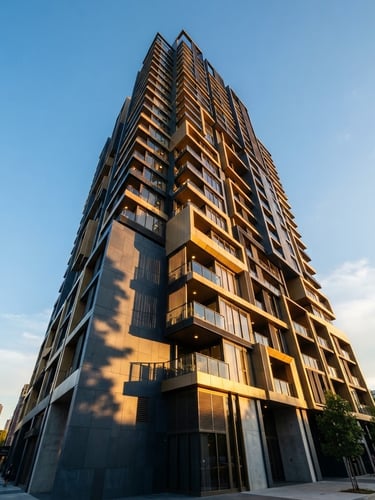 Low-angle architectural photography of a modern luxury apartment building facade, golden hour sunlight casting sharp shadows, deep slate and gold tones, 35mm lens, expansive sky.