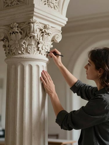 Studio director Tania Barzu refining the finish of a carved plaster column, soft side-lighting, elegant architectural setting.