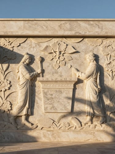 Wide panoramic shot of a massive hand-carved travertine wall relief in a luxury Cape Town villa, dramatic raking sunset light casting deep physical shadows across the stone.