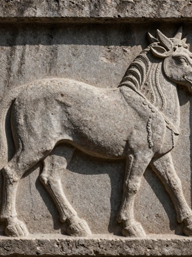A detailed side-profile view of a deeply carved stone relief panel, showcasing the dramatic contrast between illuminated stone ridges and deep, dark shadowed recesses under sharp raking light.