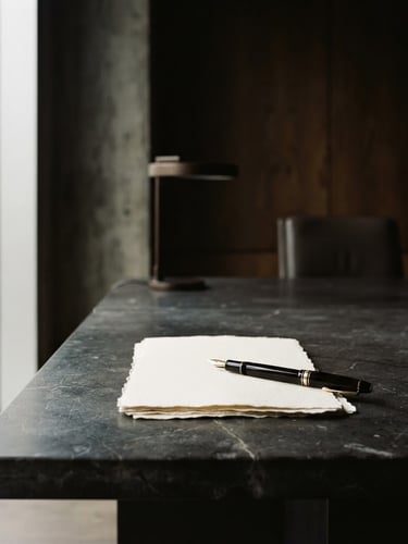 Minimalist judicial office interior with soft side-lit daylight casting deep shadows on a heavy marble desk, a fountain pen resting on textured paper, editorial minimalist photography, 35mm