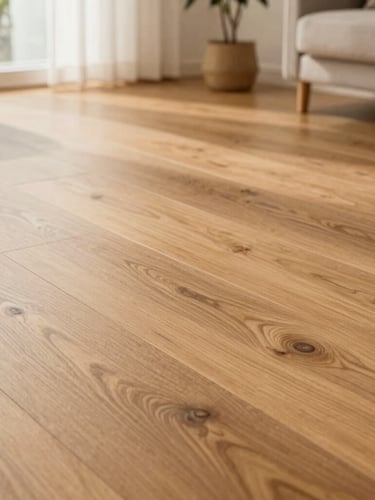 Warm editorial photography of a modern bright living room, natural daylight streaming in, showcasing high-quality warm oak laminate flooring with rich wood textures, shallow depth of field, 35mm.