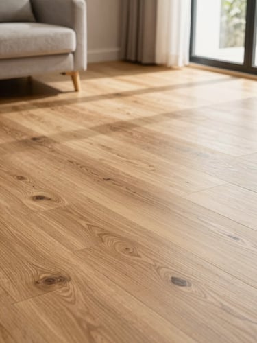 Warm modern living room with newly installed oak laminate flooring, glowing natural daylight, editorial shot, 35mm