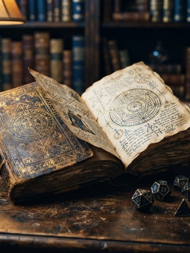Close-up of an open, leather-bound grimoire on a dark oak table, heavy metal dice scattered nearby, warm library lamp lighting, shallow depth of field, deep blue and gold tones.