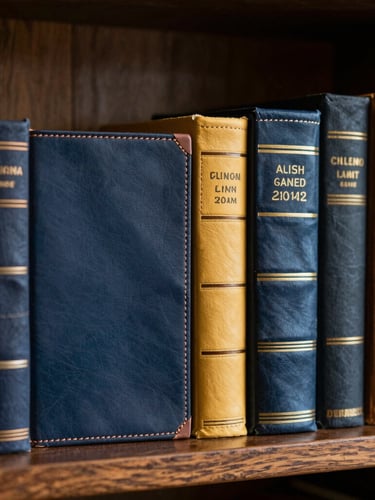 Warm editorial portrait photography of hand-stitched leather-bound books stacked on a dark oak shelf, soft library lamp lighting, shallow depth of field, 35mm