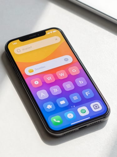 A high-fidelity Android smartphone mockup on a clean light desk showing a vibrant, high-contrast user interface with large readable buttons, soft daylight casting subtle shadows