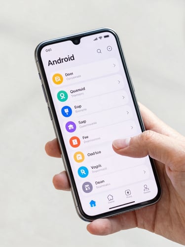 Close-up of hands holding a modern Android smartphone displaying a clean user interface, fingers interacting with interactive elements, bright natural daylight