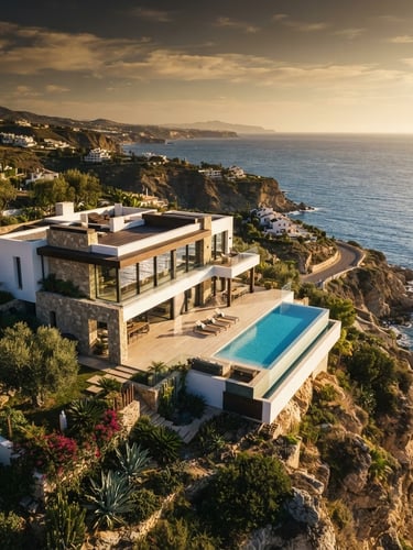 Cinematic aerial photography of a modern luxury villa on the Andalusian coast, sharp architectural composition, golden-hour sunlight, 35mm lens