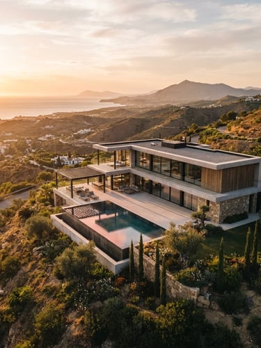 Cinematic aerial view of an architectural modern villa in southern Spain, sharp lines, golden hour sunlight reflecting off glass, 35mm lens composition.
