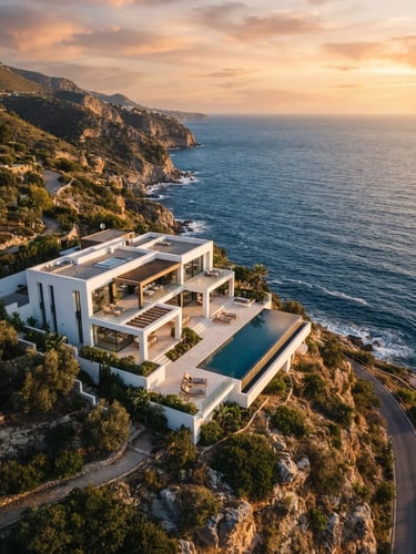 Cinematic aerial photograph of a luxury modern white villa on a cliffside in Andalusia, golden hour sunlight, deep blue ocean background, sharp architectural composition, 35mm lens