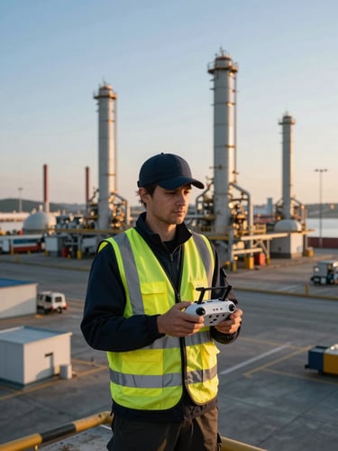 Professional drone operator in safety vest holding a controller, technical gear, clear morning light, modern industrial harbor background.