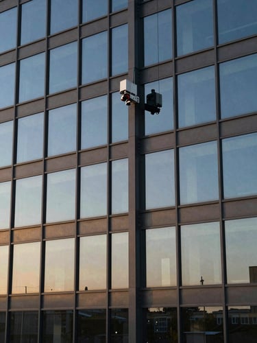 Close-up drone inspection of a modern glass and steel facade, reflection of clear sky, sharp focus on structural joints, technical clarity