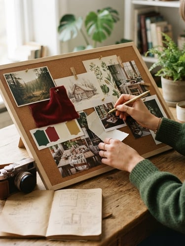 Cozy, warm-toned close-up of hands planning content on a mood board with a camera and notebook, soft natural window light, shallow depth of field, rich crimson and forest green accents.