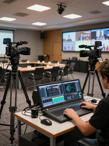 Wide environmental shot from the left side of an active hybrid meeting broadcast setup in a large conference hall — multiple professional cameras on tripods aimed at a podium, a control desk in the foreground with a vMix switcher panel and operator hands adjusting settings, venue overhead lighting casting hard directional light on equipment, cables visible on the floor, screens showing live feed in the background, no people facing camera