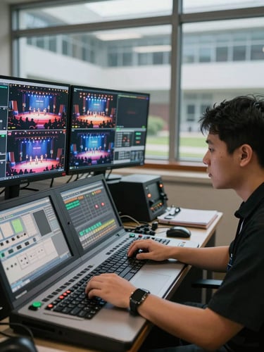 Medium shot of a broadcast switcher operator at a vMix control panel during a graduation ceremony, multiple preview monitors showing stage feed and wide-angle cuts, hands actively adjusting controls, harsh monitor-glow lighting illuminating focused operator face, university hall visible through glass in background