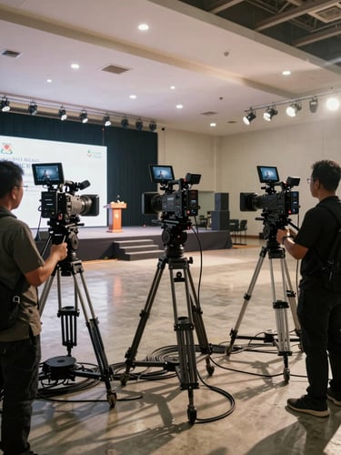 Wide environmental shot of a multi-camera broadcast setup inside a large government event hall in Batam, three camera rigs positioned at different angles capturing a stage with a podium, cables running across the floor, operators adjusting equipment, venue lighting casting strong directional shadows, no posed subjects — all movement and active setup
